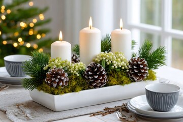 Burning white candles decorating a Christmas table centerpiece with pine cones and moss