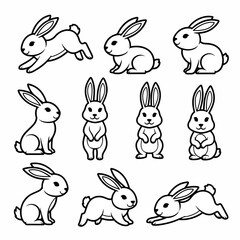 Rabbit poses outline collection for kids and springtime