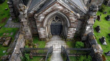 Aerial view of a gothic church entrance with ornate wooden door and surrounding graveyard, showing the weathered stonework and lush green grass