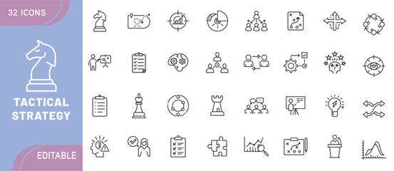 Tactical Strategy Icon Set – Planning, Goal Setting, Mission, Decision Making, Chess, Map, Target, Leadership, Teamwork, War Room, and Business Tactics in Line Style