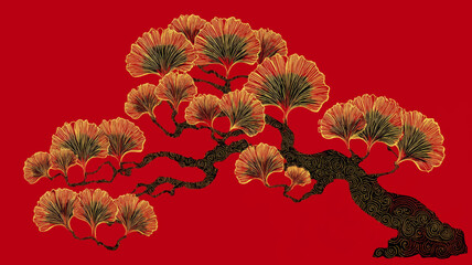 Elegant Golden Chinese Bonsai Tree on Red Background – Stylized Vector for Presentation and Decoration