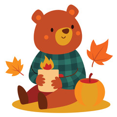 Charming illustration of a cheerful brown bear wearing a cozy red and black flannel shirt happily holding a steaming mug of warm apple cider
