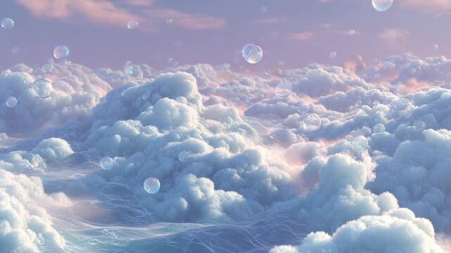 Soft pastel cloudscape with iridescent bubbles floating above a sea of clouds at sunset. Dreamy and ethereal atmosphere. 
