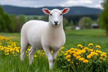 Fototapeta premium Sheep standing in dandelion field looking at camera