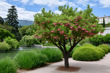 Blooming indian bean tree in a well-kept park with a lake in the background