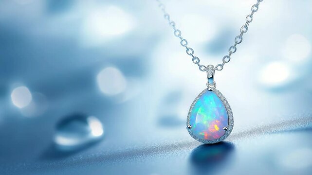Elegant opal pendant necklace with sparkling silver chain on soft blue background