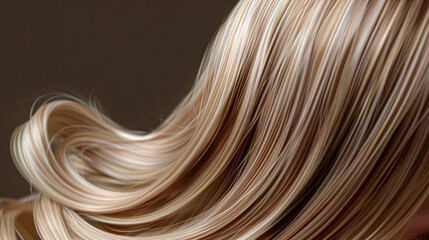 Long, luxurious golden blonde hair with soft waves and curls, shine and healthy texture against a dark background. AI generated