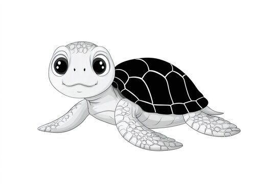 Cute baby sea turtle swimming underwater with big eyes in black and white cartoon style - Powered by Adobe