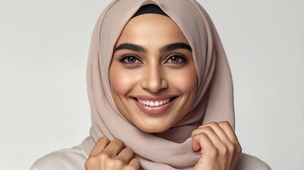 Smiling arabic woman in hijab with smooth perfect skin resting her chin on hand, studio photo on white, cosmetics advertise concept.