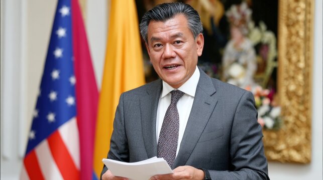 Cambodian Official Holding Document in Front of USA Flag