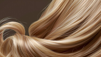 Long, luxurious golden blonde hair with soft waves and curls, shine and healthy texture against a dark background. AI generated