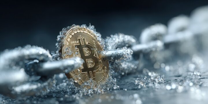 Bitcoin coin breaking out of icy chains, symbolizing freedom from traditional banking and rise of decentralized money.