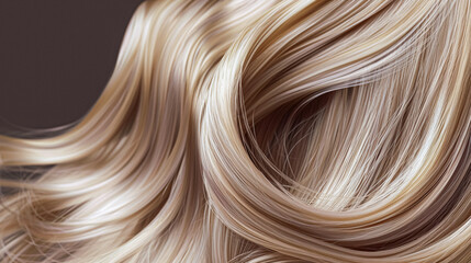 Long, luxurious golden blonde hair with soft waves and curls, shine and healthy texture against a dark background. AI generated