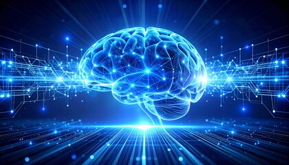 Obraz premium Futuristic Intelligence Brain – Neon Blue Neural Connections and Digital Network Representing Artificial Intelligence and Machine Learning.