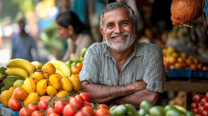 Friendly fruit seller smiling at his vibrant outdoor market