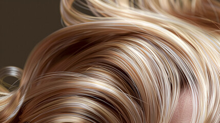 Long, luxurious golden blonde hair with soft waves and curls, shine and healthy texture against a dark background. AI generated