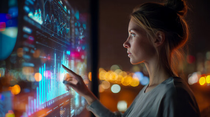 Woman analyzing digital data and financial graphs on a futuristic screen at night
