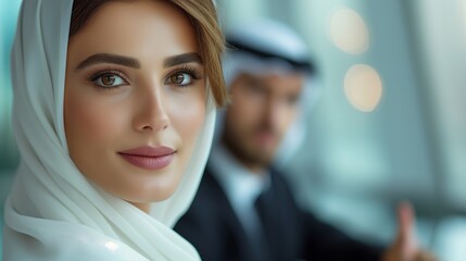 Close up portrait of smiling muslim businesswoman wearing hijab in modern office with arab businessman in the background, representing diversity and inclusion in business