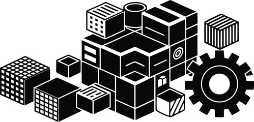 Obraz premium Vector art of an abstract isometric illustration of building blocks and a gear, symbolizing industry and construction.