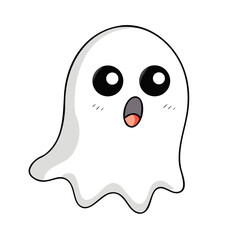 A simple cartoon white ghost with a wavy bottom edge, two large black eyes, and a small, round, open mouth. The ghost is floating with a friendly expression