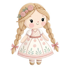 Charming Handmade Doll Whimsical Illustration of a Girl in a Floral Dress Isolated On Transparent Background