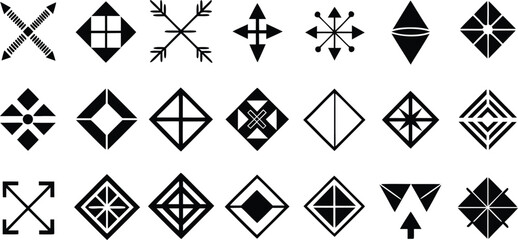 Vector art of a diverse collection of black geometric shapes and symbols on a white background.
