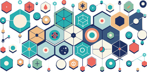 Vector art of a vibrant abstract illustration featuring interconnected hexagons and circles in a geometric pattern.