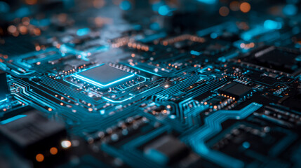 Close-up of a high-tech circuit board with glowing blue elements and intricate electronic components