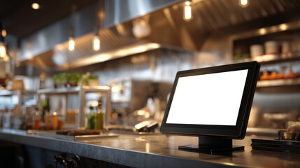 a Wall-mounted POS touchscreen in a modern commercial kitchen, with blank screen. Stainless steel appliances and kitchen shelves blurred in , background, cinematic lighting, 3d illustration.