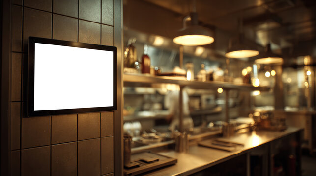 a Wall-mounted POS touchscreen in a modern commercial kitchen, with blank screen. Stainless steel appliances and kitchen shelves blurred in , background, cinematic lighting, 3d illustration.
