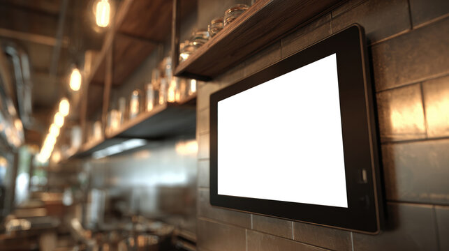 a Wall-mounted POS touchscreen in a modern commercial kitchen, with blank screen. Stainless steel appliances and kitchen shelves blurred in , background, cinematic lighting, 3d illustration.