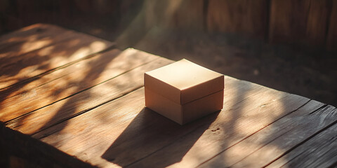 Minimal Wooden Box on Rustic Table with Morning Light