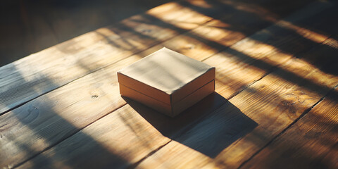 Minimal Wooden Box on Rustic Table with Morning Light