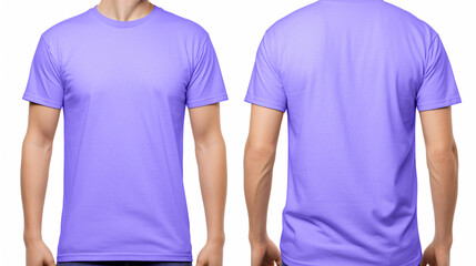 A man is wearing a purple t-shirt with half sleeves on both the front and back sides.	