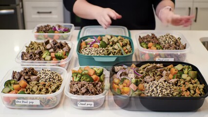 Arranged meal prep containers filled with protein and vegetables