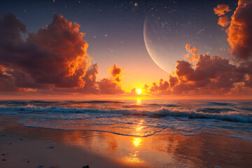 Obraz premium Serene sunset over the ocean with a celestial sky and a distant moon, creating a peaceful and dreamy beach scene