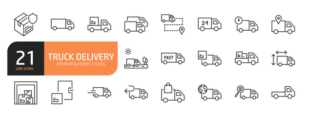 Set of line icons related to Truck Delivery, Fast shipping and more. Outline icons collection. Editable stroke. Vector illustration.