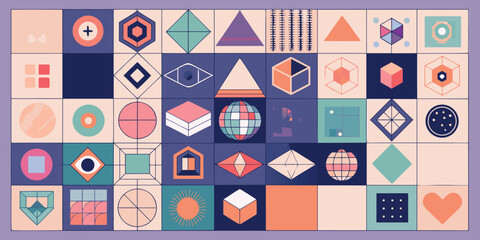 Vector art of a vibrant collection of abstract geometric shapes and patterns arranged in a grid.