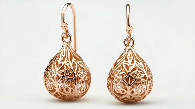 Elegant Rose Gold Filigree Drop Earrings Jewelry Display Photography