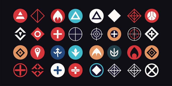 Vector art of a diverse collection of modern geometric symbols and icons on a dark background.