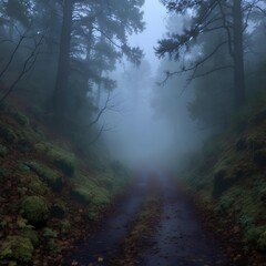Fototapeta premium Aesthetic Background of Foggy Mountain Path in Dense Forest with Cool Natural Lighting
