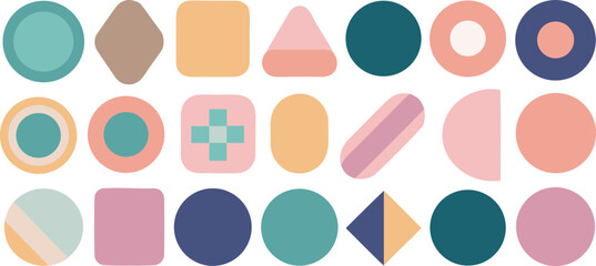 Vector art of a collection of colorful geometric shapes in pastel tones arranged in a pattern.