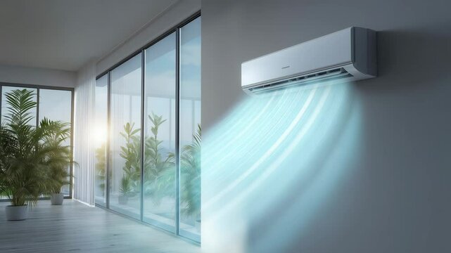 Wohltuende Klimaanlage im sonnigen Wohnzimmer &ndash; Luftstrom sichtbar dargestellt. K&uuml;nstliche Intelligenz KI