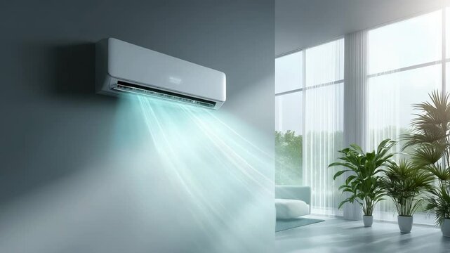 Energieeffiziente Klimaanlage in smartem Wohnraum &ndash; Luftk&uuml;hlung im Sommer. K&uuml;nstliche Intelligenz KI