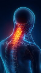 Medical 3D rendered human anatomy illustration showing painful shoulder, chest, and X-ray of bones and spine injury