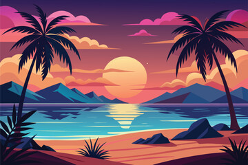 Sunset Over Tropical Beach with Palm Tree Silhouettes Vector Illustration Clipart