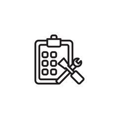A line art icon featuring a clipboard with a grid of boxes and a crossed hammer and wrench, indicating task management and tools.