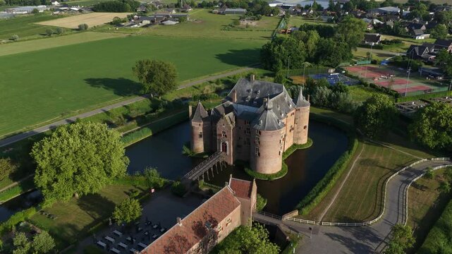 Aerial view of Kasteel Ammersoyen, a medieval castle with moat in Ammerzoden, The Netherlands