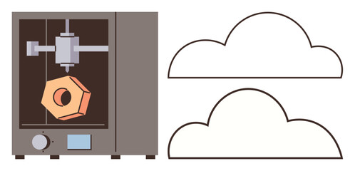 3D printer creating hexagonal object, two cloud outlines symbolizing data storage or connectivity. Ideal for technology, manufacturing, innovation, cloud computing, automation, creativity, simple