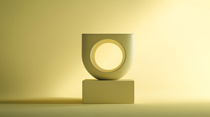 Modern minimalist cup with a square base and circular top, centered on a matte pale yellow background with soft ambient lighting